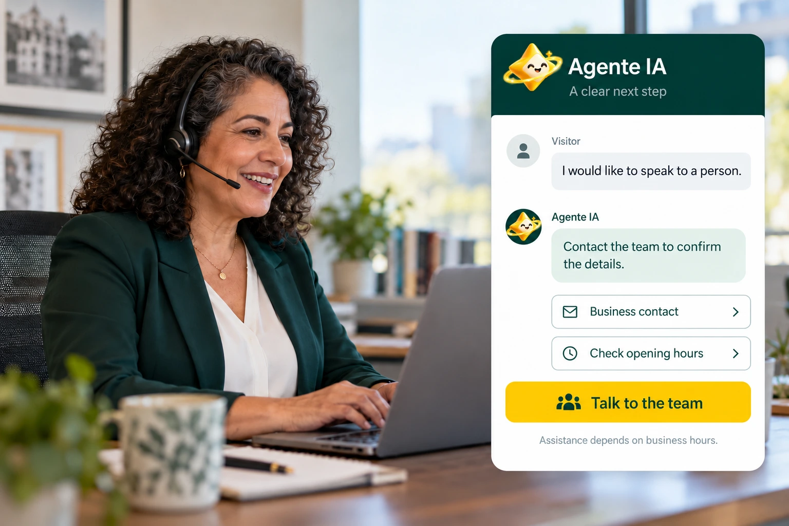 Agente IA concept illustration: a human advisor and a clear path to business contact.