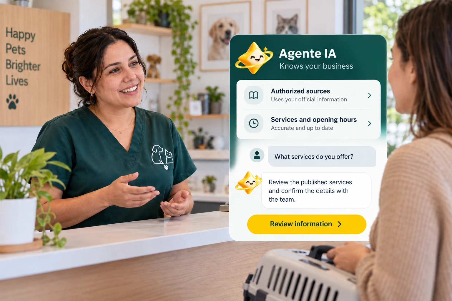 Agente IA concept illustration: a veterinary business owner and authorized business information.