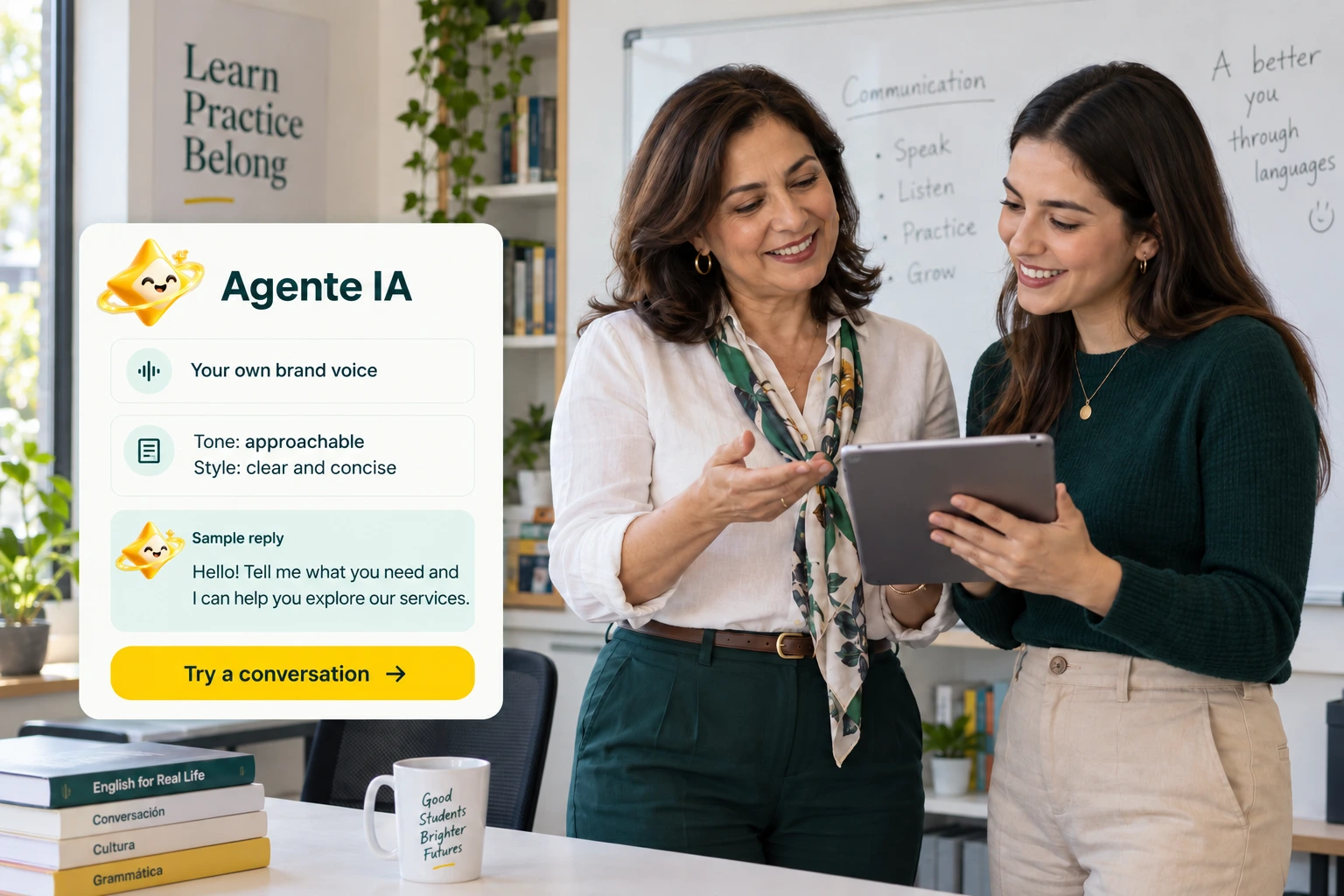 Agente IA concept illustration: a language-school team and an approachable brand voice.