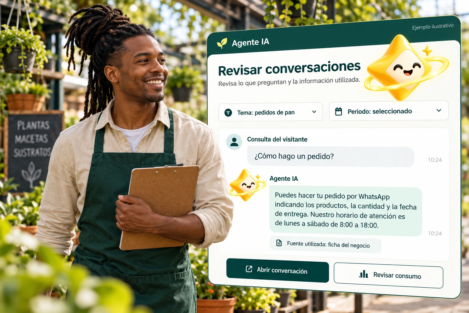 Conceptual illustration of Agente IA with its official star: Review conversations. Review what they ask and the information used.
