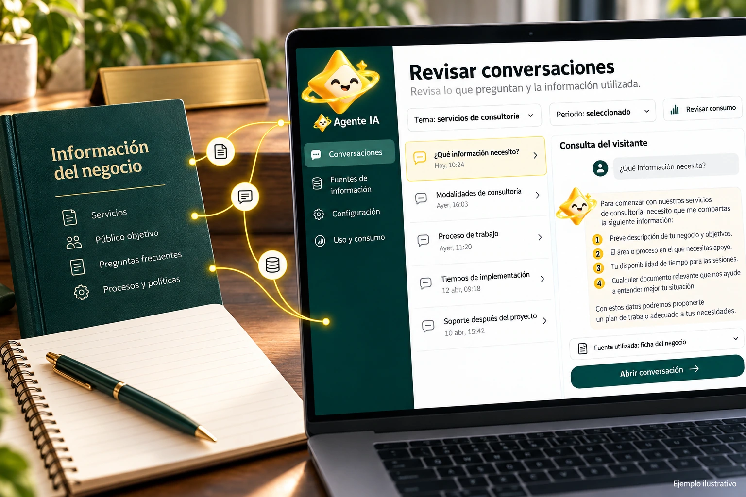Conceptual illustration of Agente IA with its official star: Review conversations. Review what they ask and the information used.
