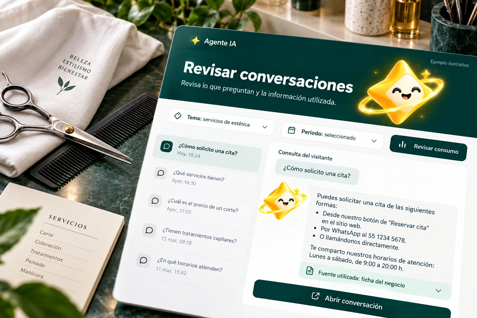 Conceptual illustration of Agente IA with its official star: Review conversations. Review what they ask and the information used.