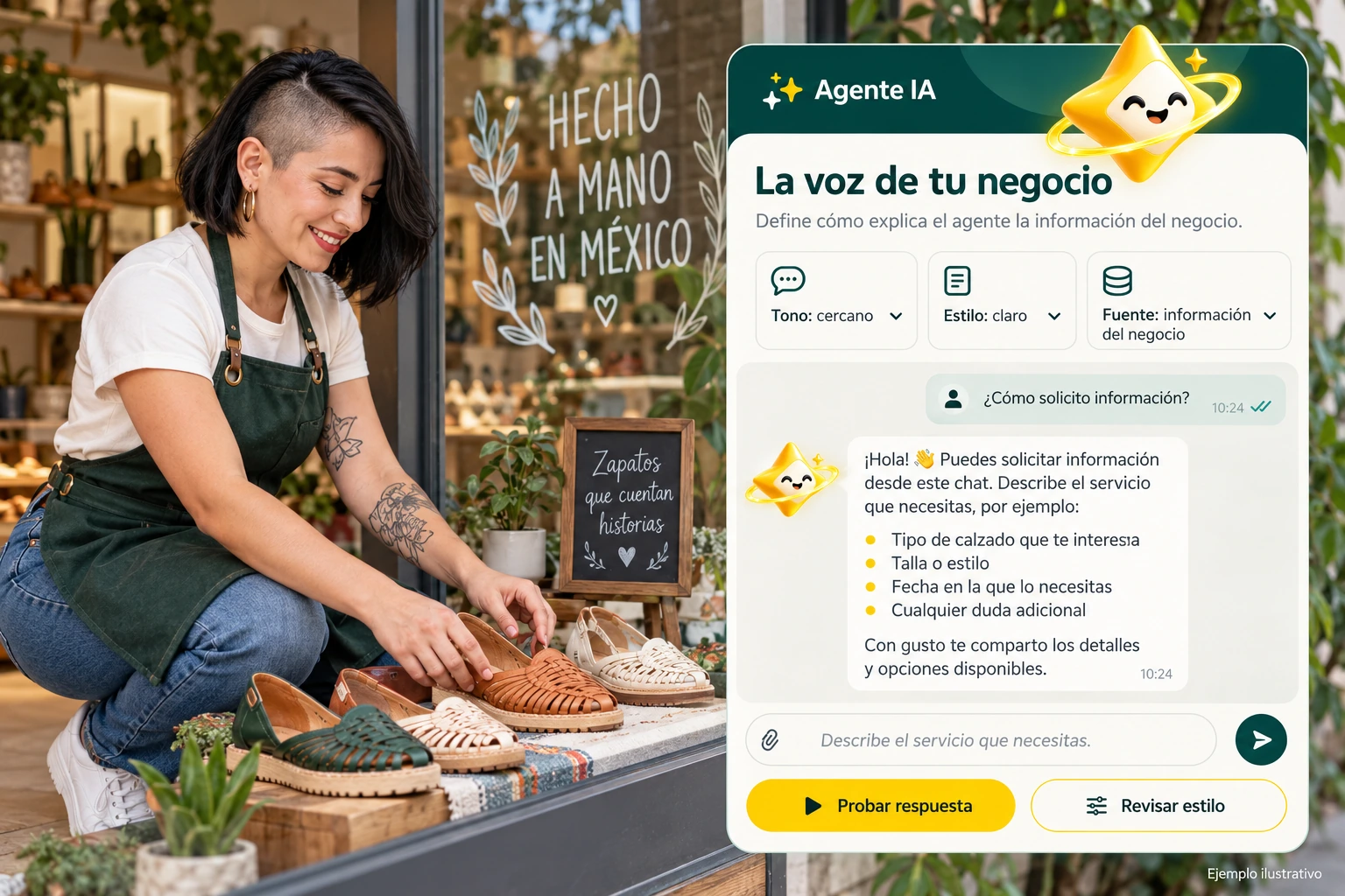 Conceptual illustration of Agente IA with its official star: The voice of your business. Defines how the agent explains business information.