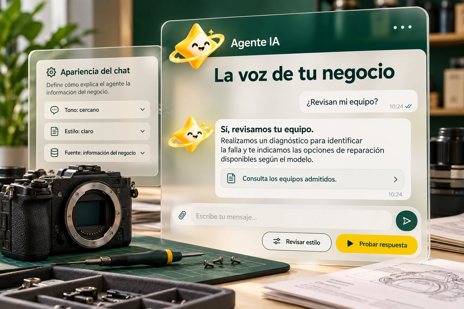 Conceptual illustration of Agente IA with its official star: The voice of your business. Defines how the agent explains business information.
