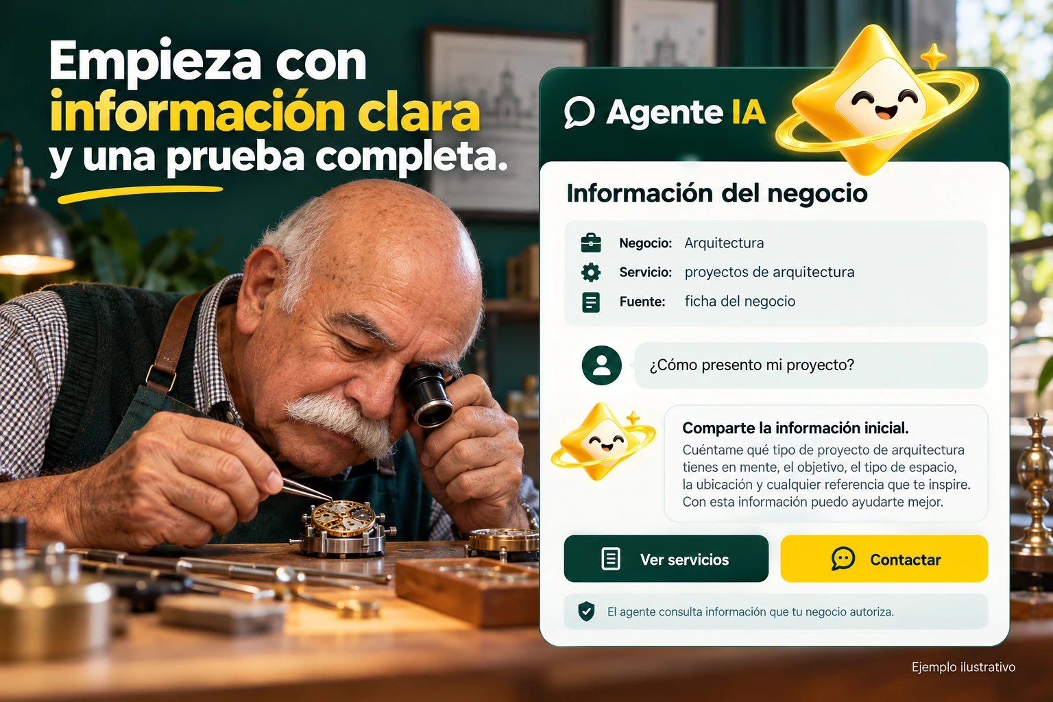 Conceptual illustration of Agente IA with its official star: Business information. The agent consults information that your business authorizes.