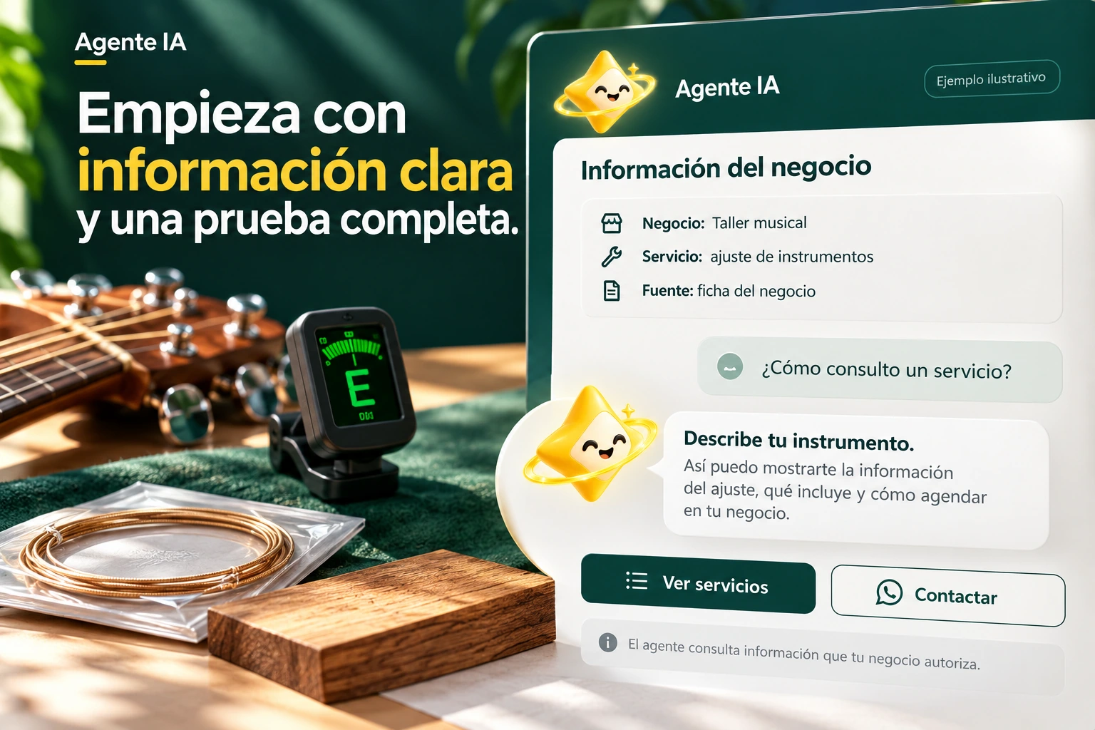 Conceptual illustration of Agente IA with its official star: Business information. The agent consults information that your business authorizes.