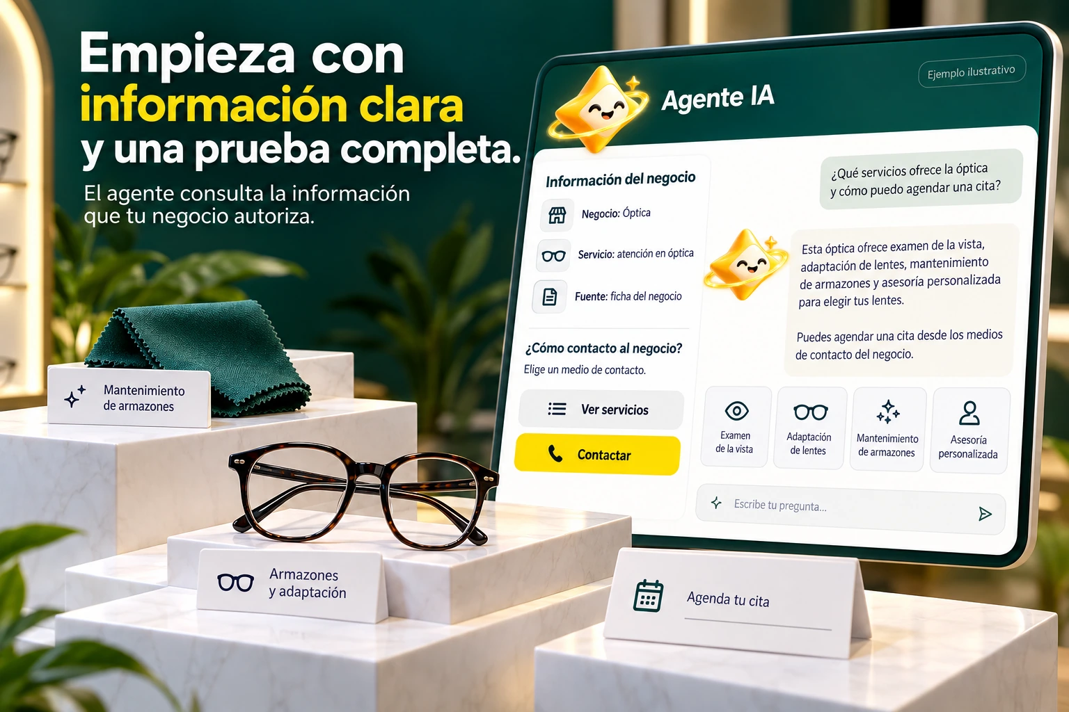 Conceptual illustration of Agente IA with its official star: Business information. The agent consults information that your business authorizes.