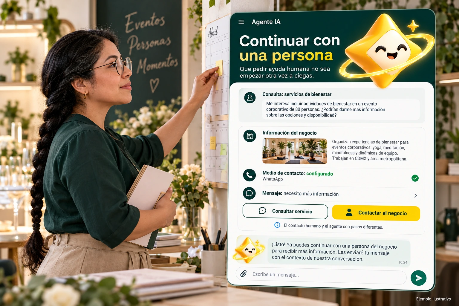 Conceptual illustration of Agente IA with its official star: Continue with a person. Human and agent contact are different steps.
