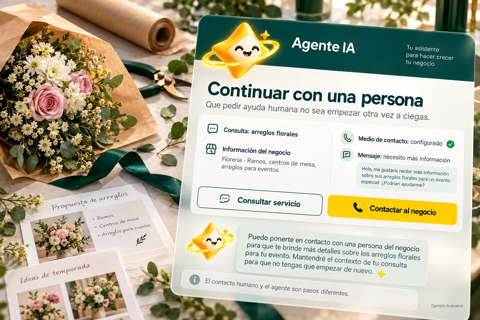 Conceptual illustration of Agente IA with its official star: Continue with a person. Human and agent contact are different steps.