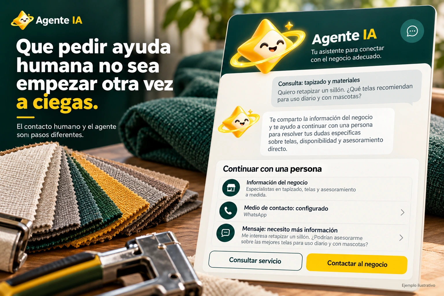 Conceptual illustration of Agente IA with its official star: Continue with a person. Human and agent contact are different steps.