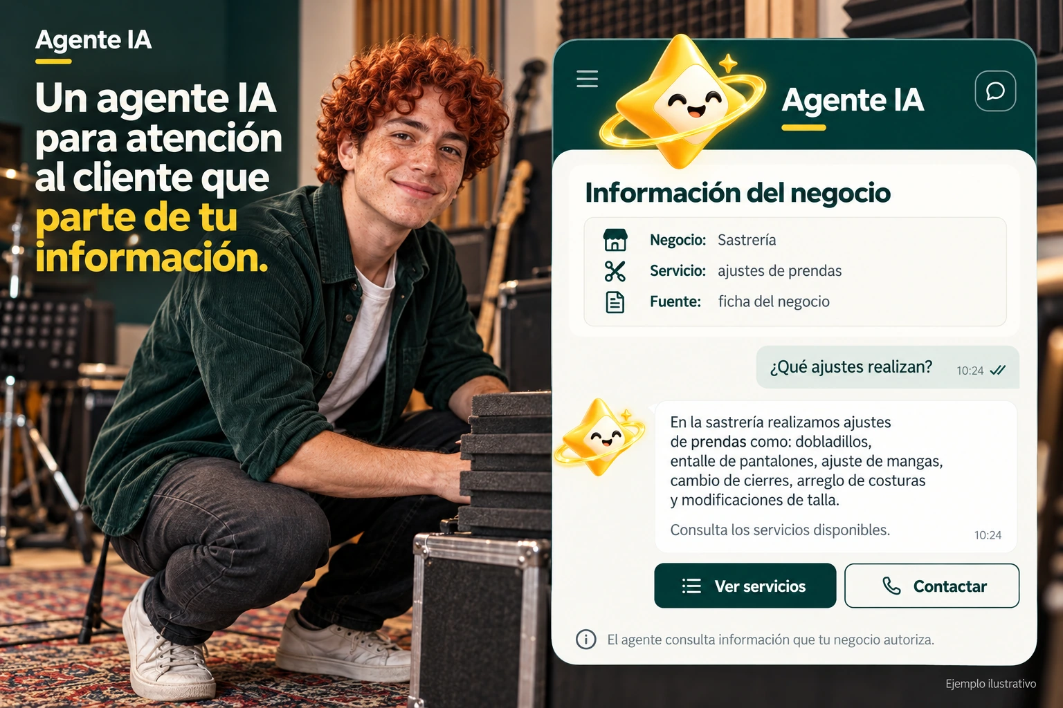 Ilustración conceptual de Agente IA con su estrella oficial: Información del negocio. El agente consulta información que tu negocio autoriza.