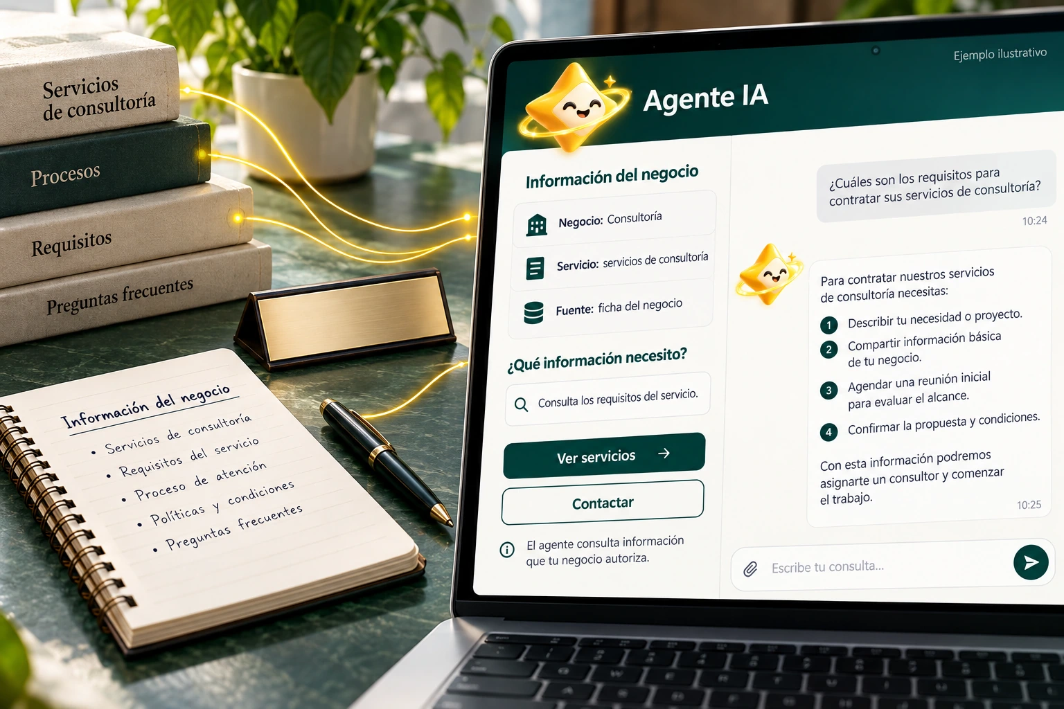 Ilustración conceptual de Agente IA con su estrella oficial: Información del negocio. El agente consulta información que tu negocio autoriza.