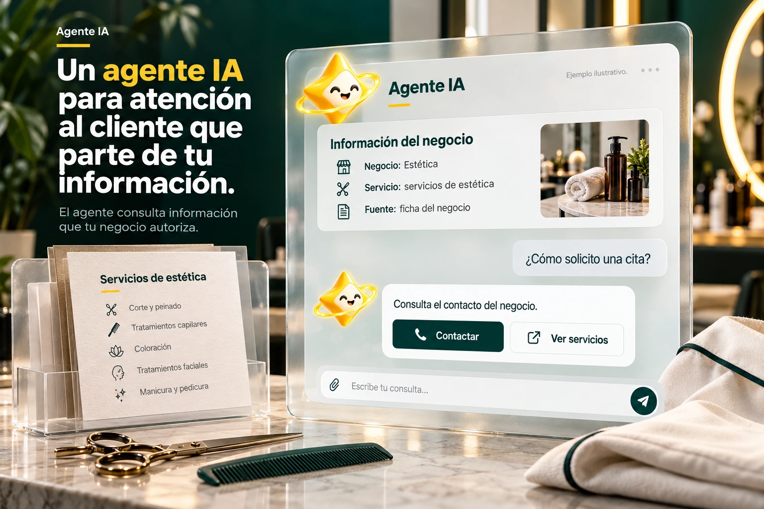 Ilustración conceptual de Agente IA con su estrella oficial: Información del negocio. El agente consulta información que tu negocio autoriza.