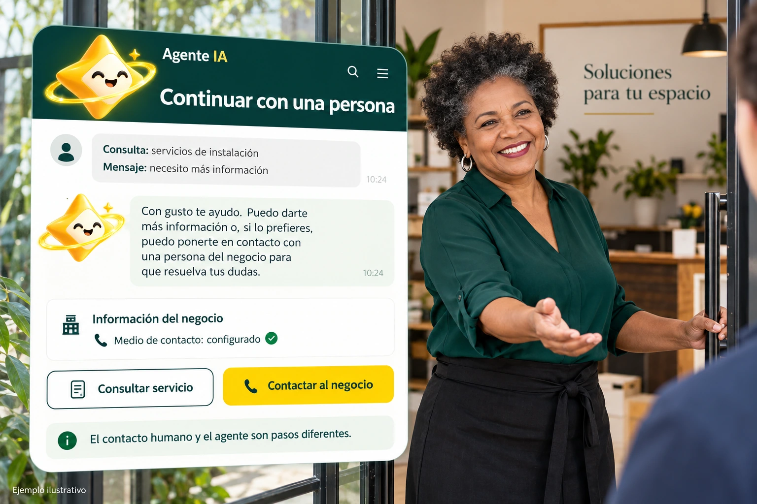 Conceptual illustration of Agente IA with its official star: Continue with a person. Human and agent contact are different steps.