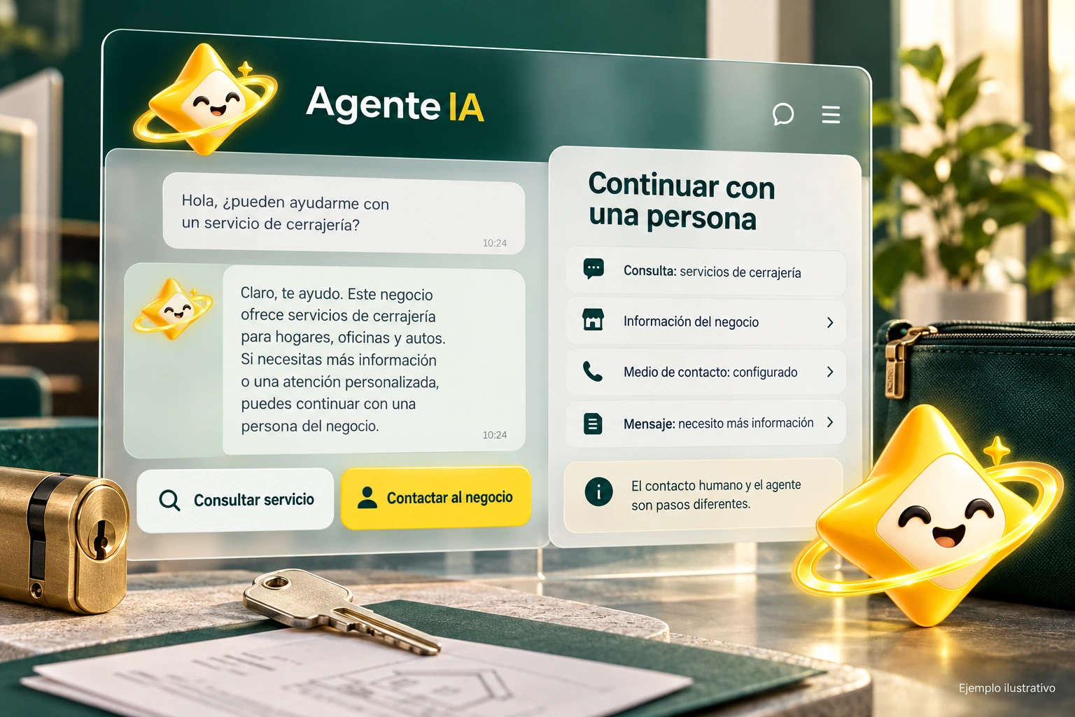 Conceptual illustration of Agente IA with its official star: Continue with a person. Human and agent contact are different steps.