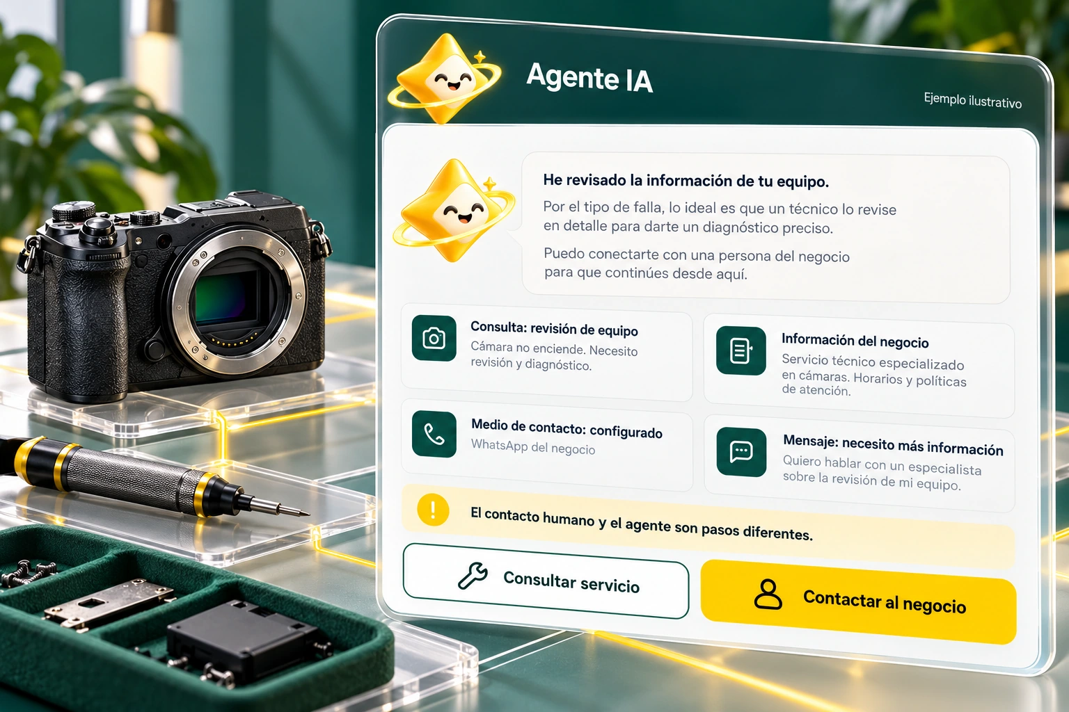 Conceptual illustration of Agente IA with its official star: Continue with a person. Human and agent contact are different steps.