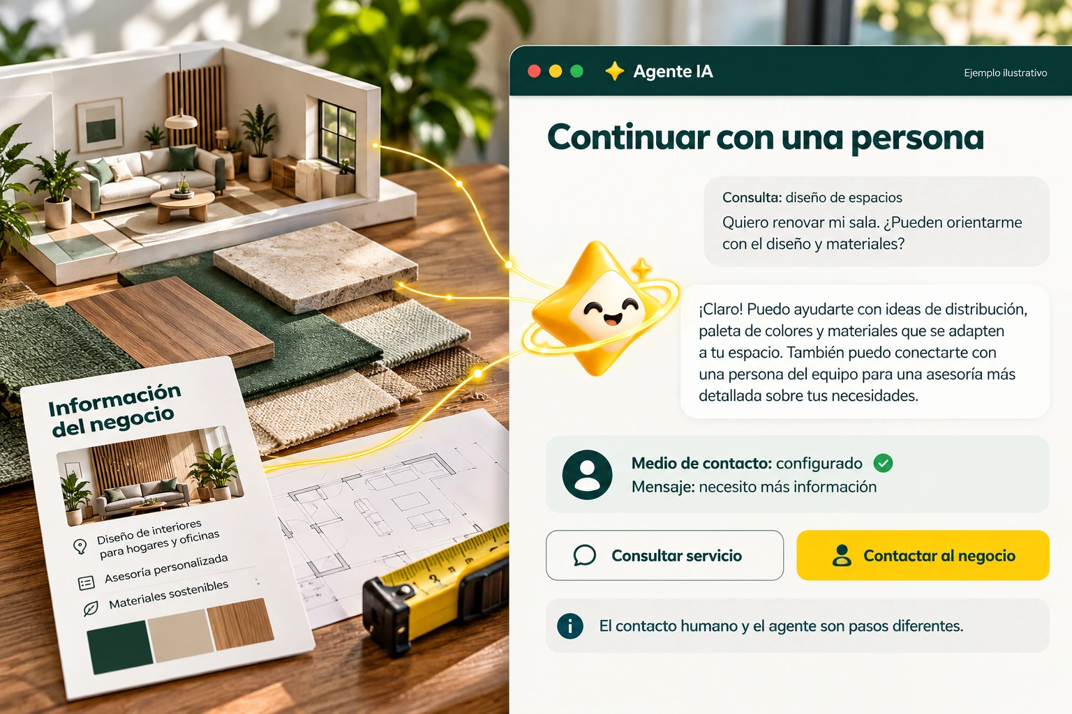 Conceptual illustration of Agente IA with its official star: Continue with a person. Human and agent contact are different steps.