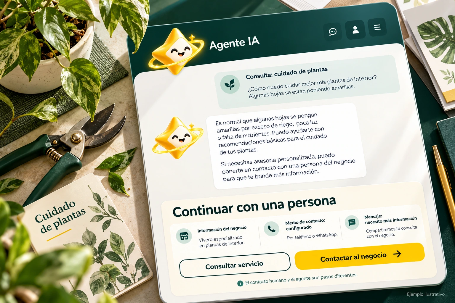 Conceptual illustration of Agente IA with its official star: Continue with a person. Human and agent contact are different steps.