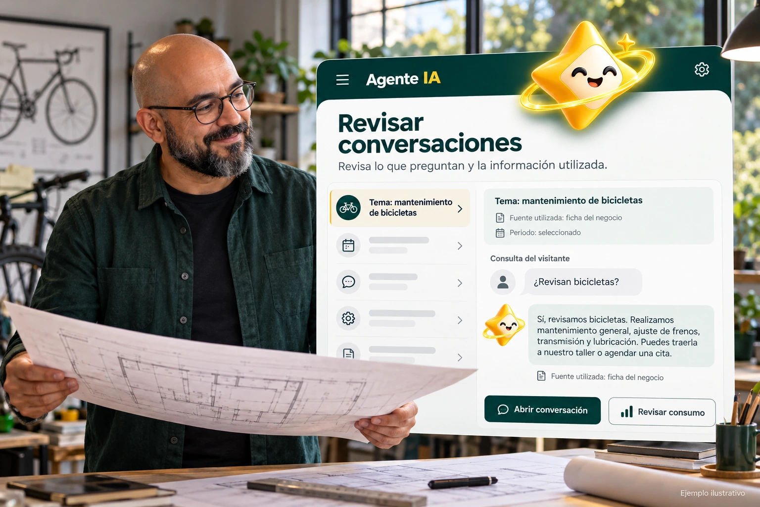 Conceptual illustration of Agente IA with its official star: Review conversations. Review what they ask and the information used.