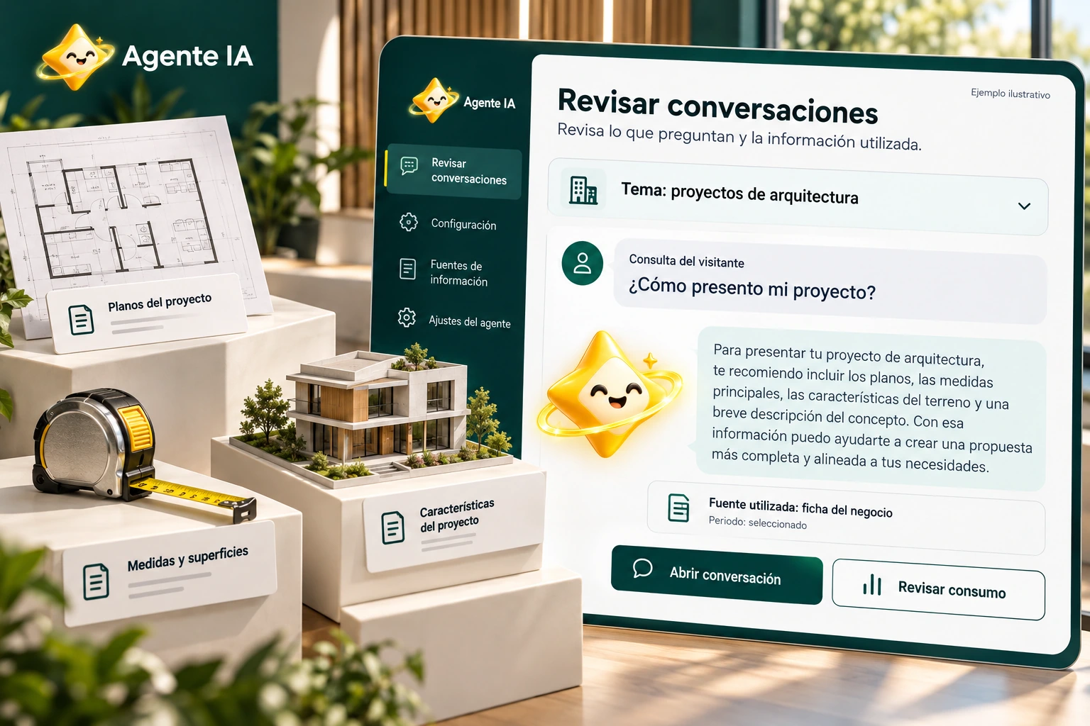 Conceptual illustration of Agente IA with its official star: Review conversations. Review what they ask and the information used.