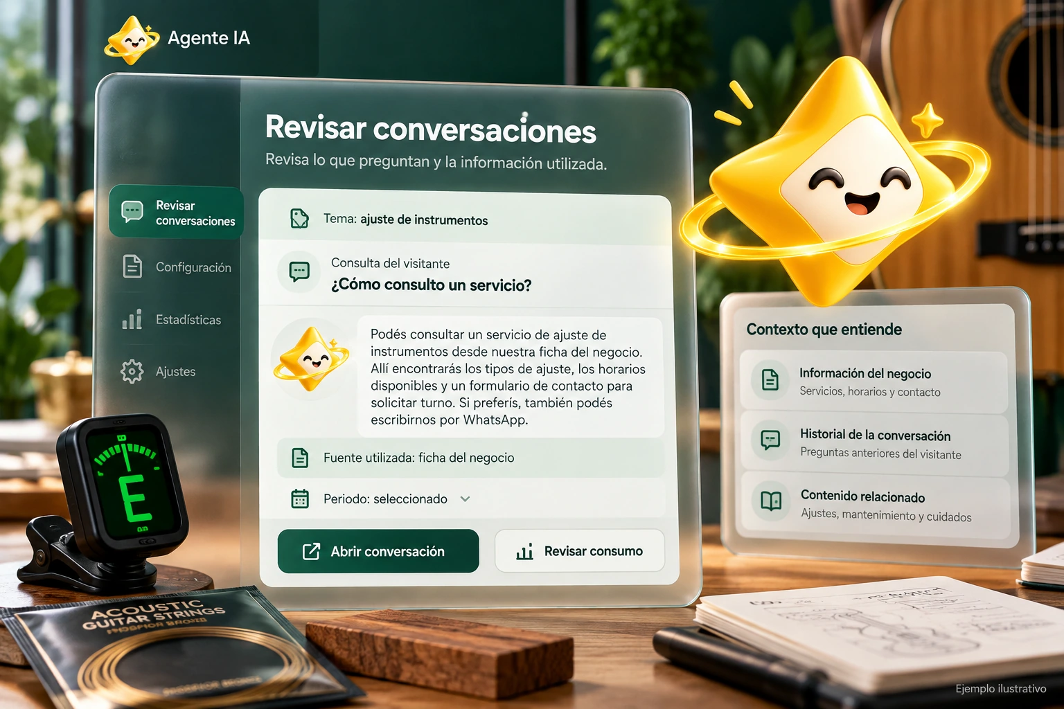 Conceptual illustration of Agente IA with its official star: Review conversations. Review what they ask and the information used.