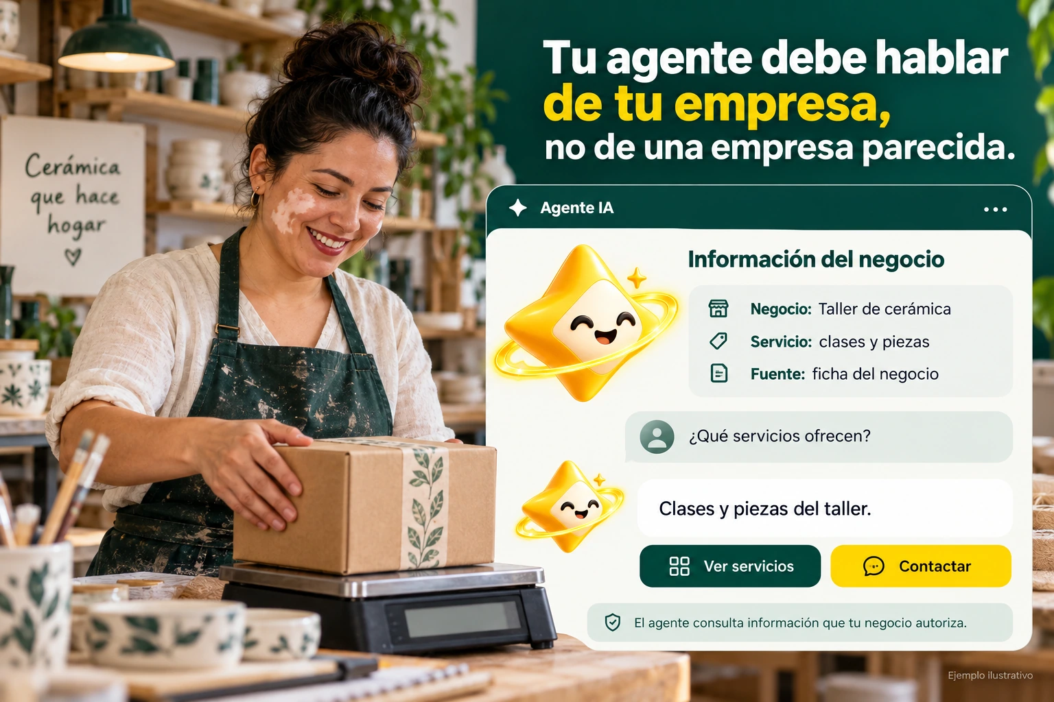 Conceptual illustration of Agente IA with its official star: Business information. The agent consults information that your business authorizes.