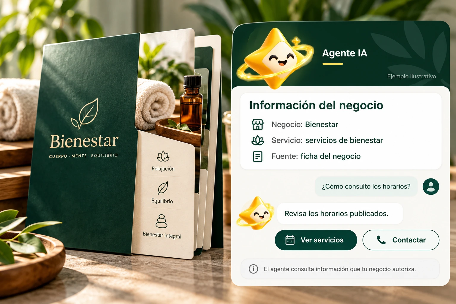 Conceptual illustration of Agente IA with its official star: Business information. The agent consults information that your business authorizes.