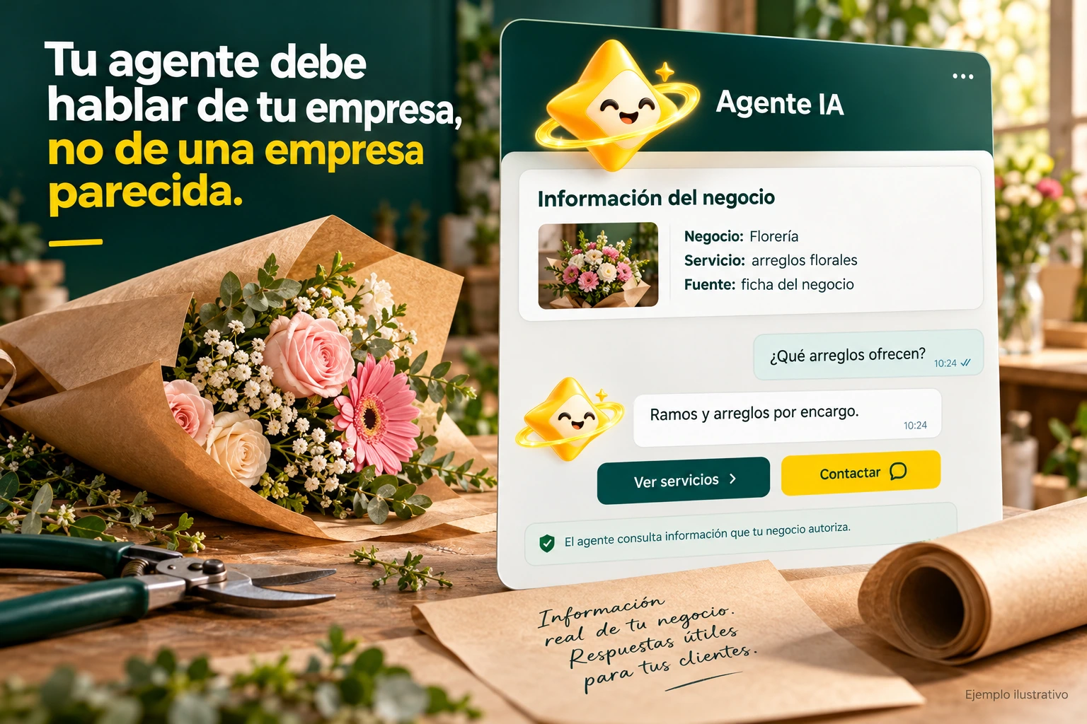 Conceptual illustration of Agente IA with its official star: Business information. The agent consults information that your business authorizes.