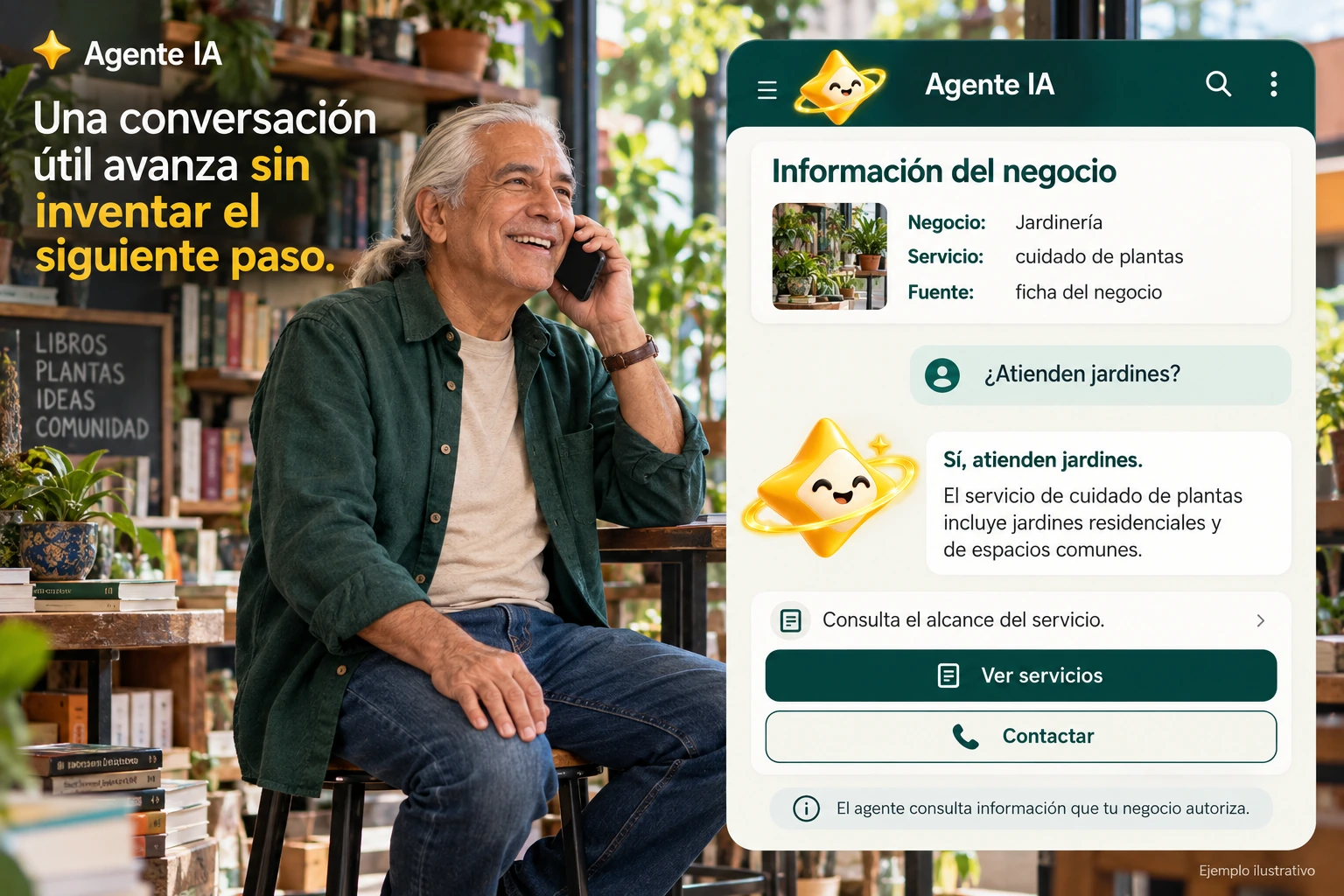 Conceptual illustration of Agente IA with its official star: Business information. The agent consults information that your business authorizes.