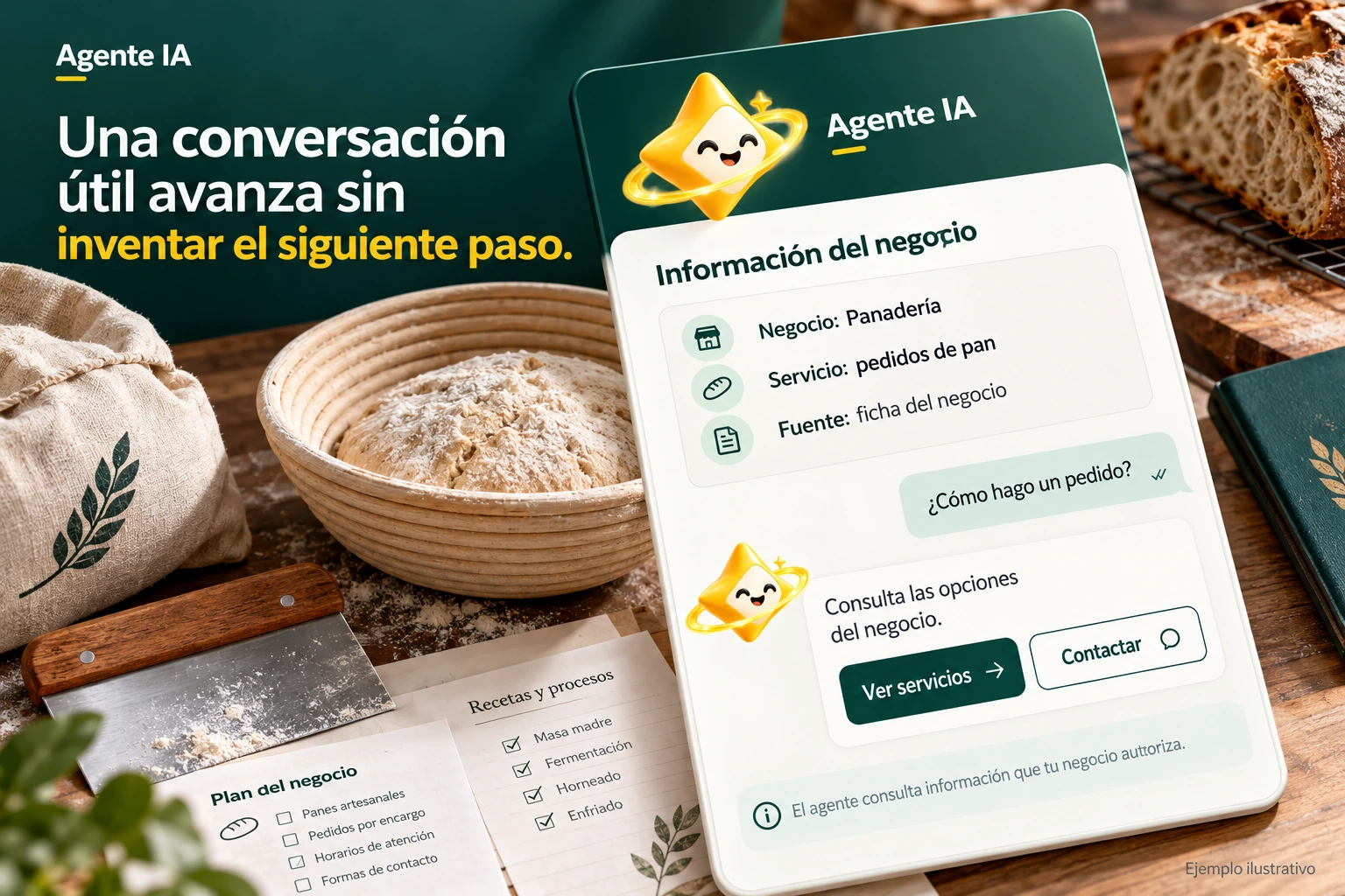 Conceptual illustration of Agente IA with its official star: Business information. The agent consults information that your business authorizes.