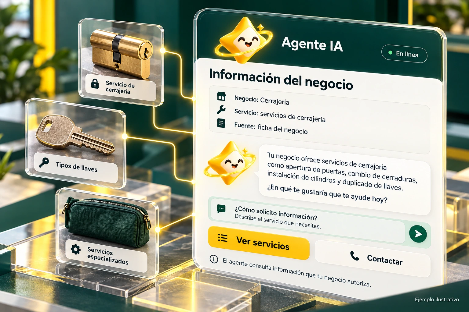 Conceptual illustration of Agente IA with its official star: Business information. The agent consults information that your business authorizes.