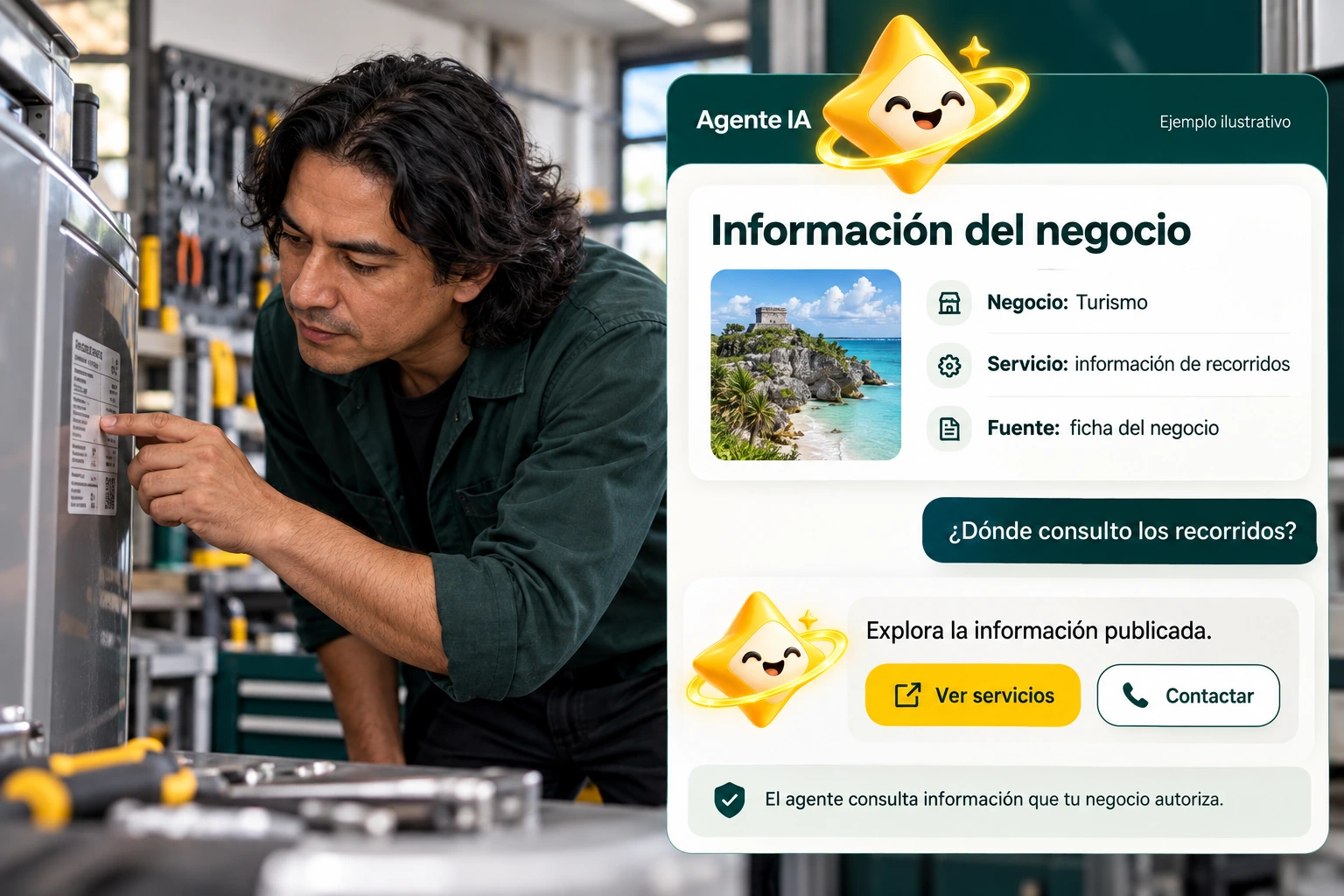Ilustración conceptual de Agente IA con su estrella oficial: Información del negocio. El agente consulta información que tu negocio autoriza.