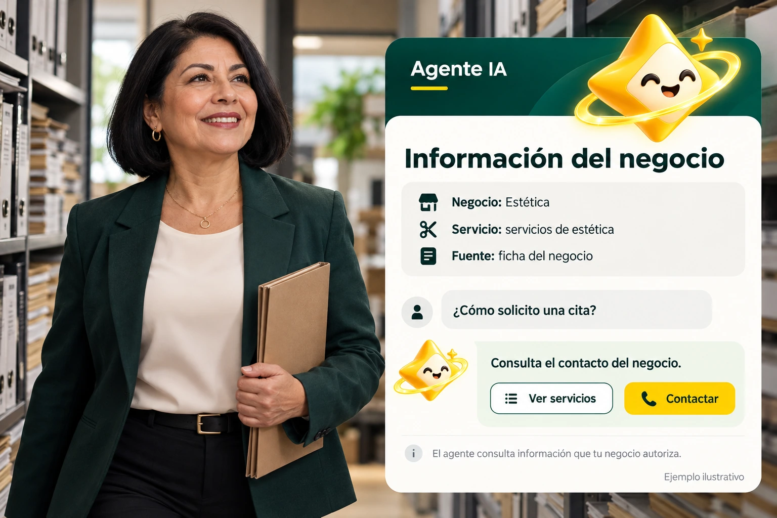 Conceptual illustration of Agente IA with its official star: Business information. The agent consults information that your business authorizes.