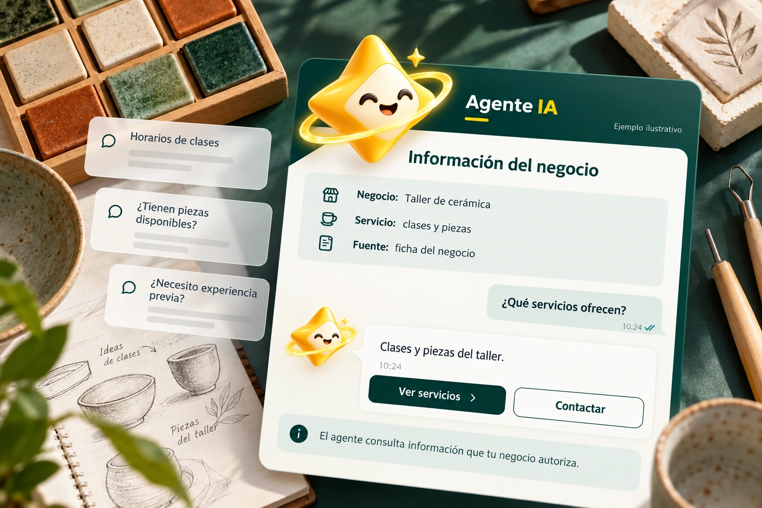 Conceptual illustration of Agente IA with its official star: Business information. The agent consults information that your business authorizes.