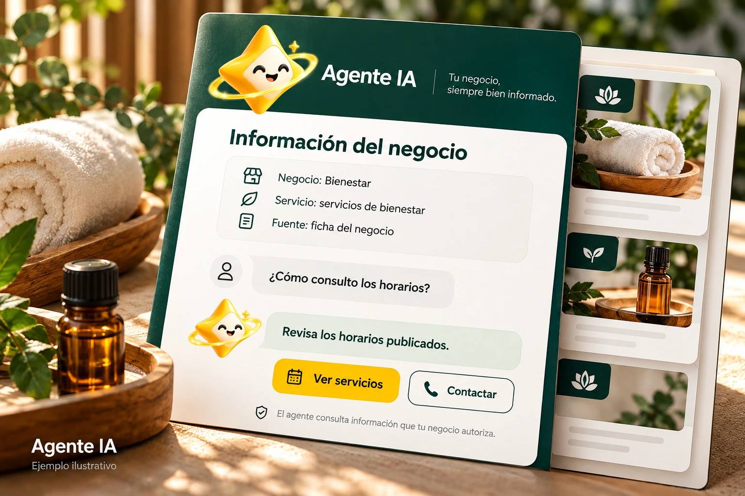 Conceptual illustration of Agente IA with its official star: Business information. The agent consults information that your business authorizes.