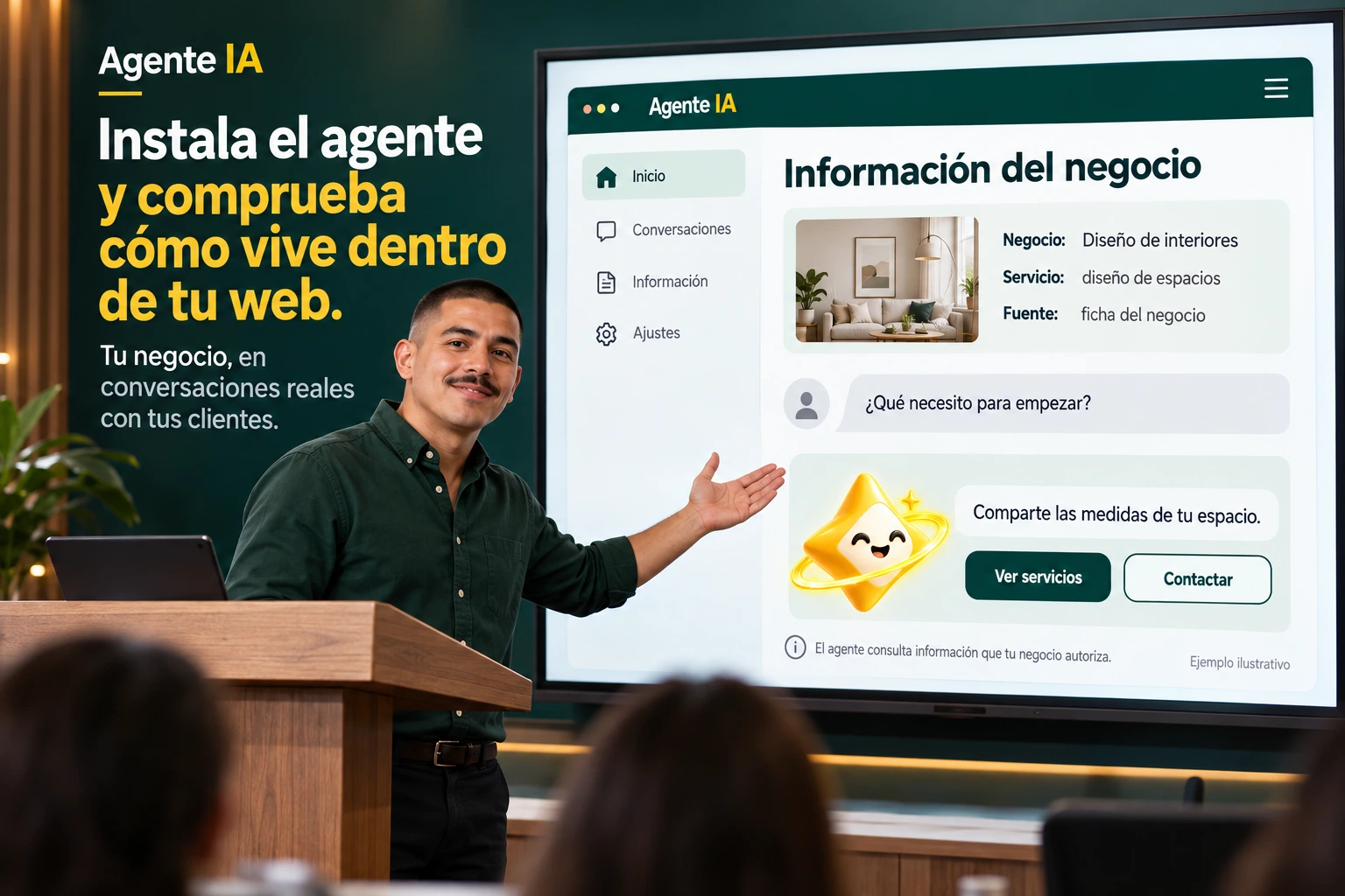 Conceptual illustration of Agente IA with its official star: Business information. The agent consults information that your business authorizes.