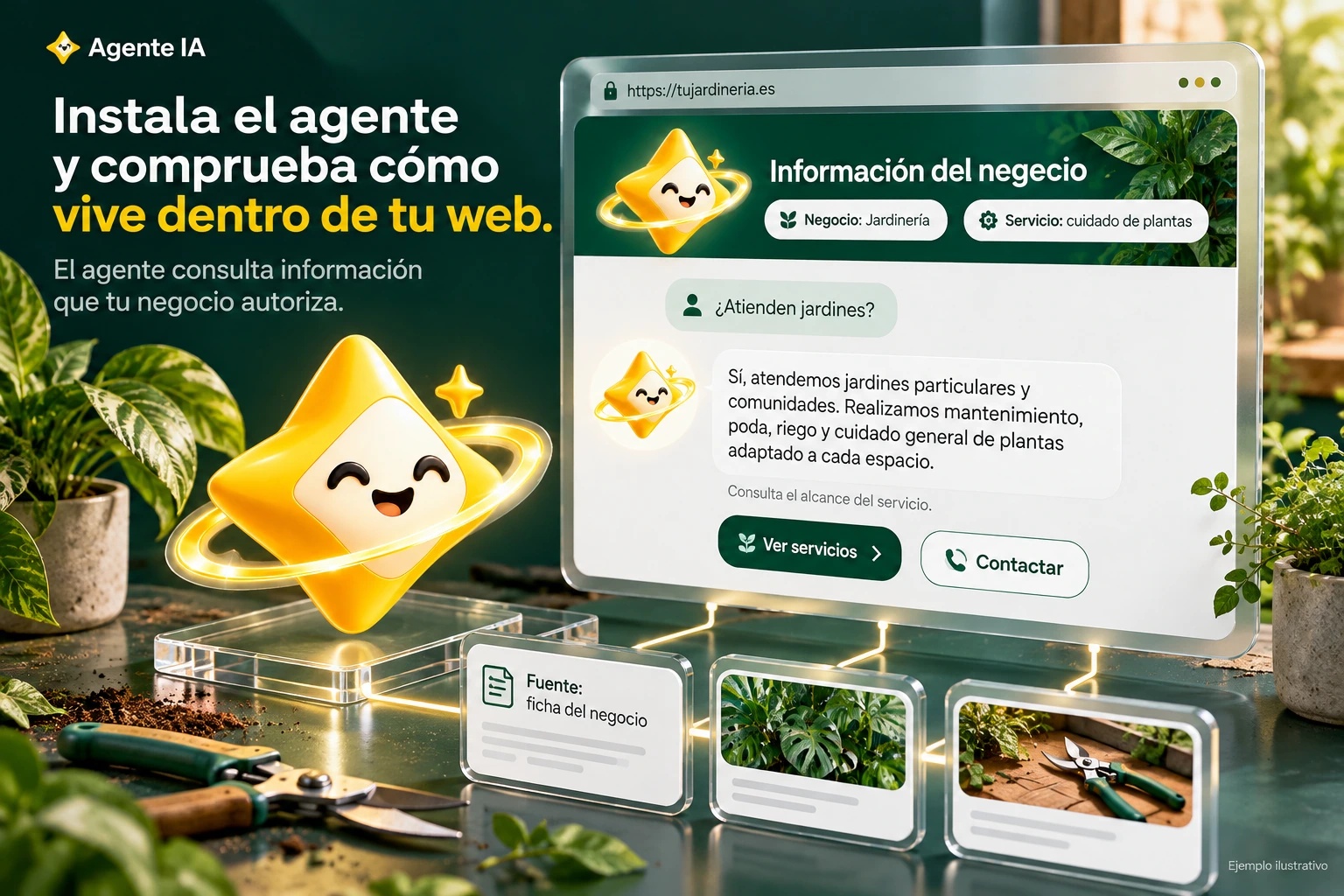 Conceptual illustration of Agente IA with its official star: Business information. The agent consults information that your business authorizes.