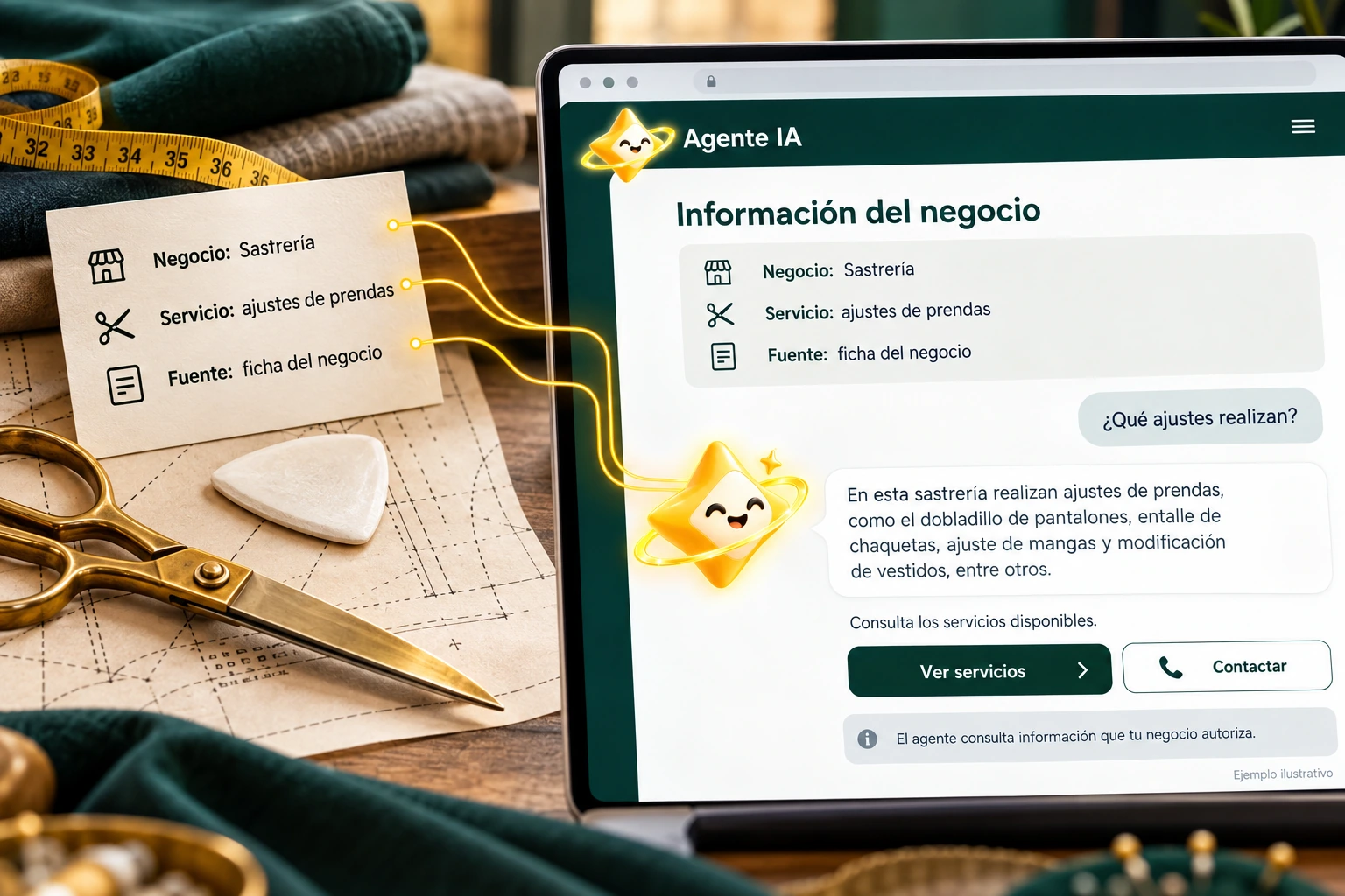 Conceptual illustration of Agente IA with its official star: Business information. The agent consults information that your business authorizes.