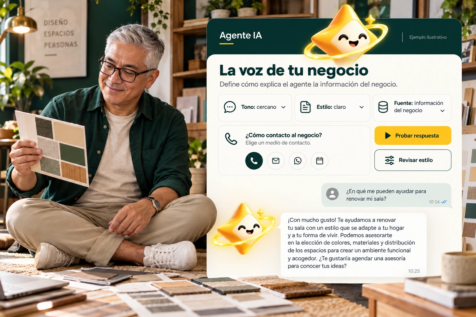Ilustración conceptual de Agente IA con su estrella oficial: La voz de tu negocio. Define cómo explica el agente la información del negocio.