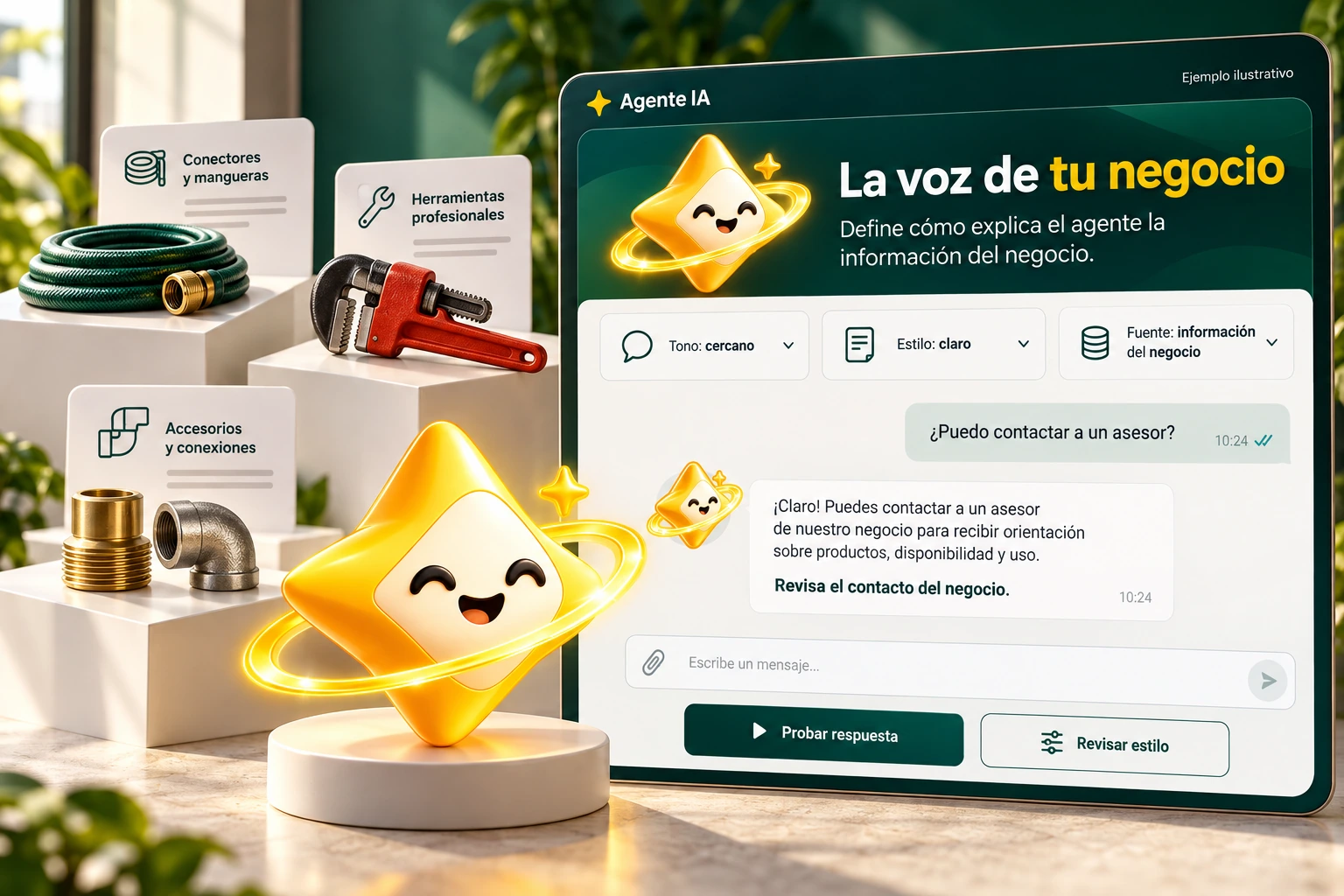Ilustración conceptual de Agente IA con su estrella oficial: La voz de tu negocio. Define cómo explica el agente la información del negocio.
