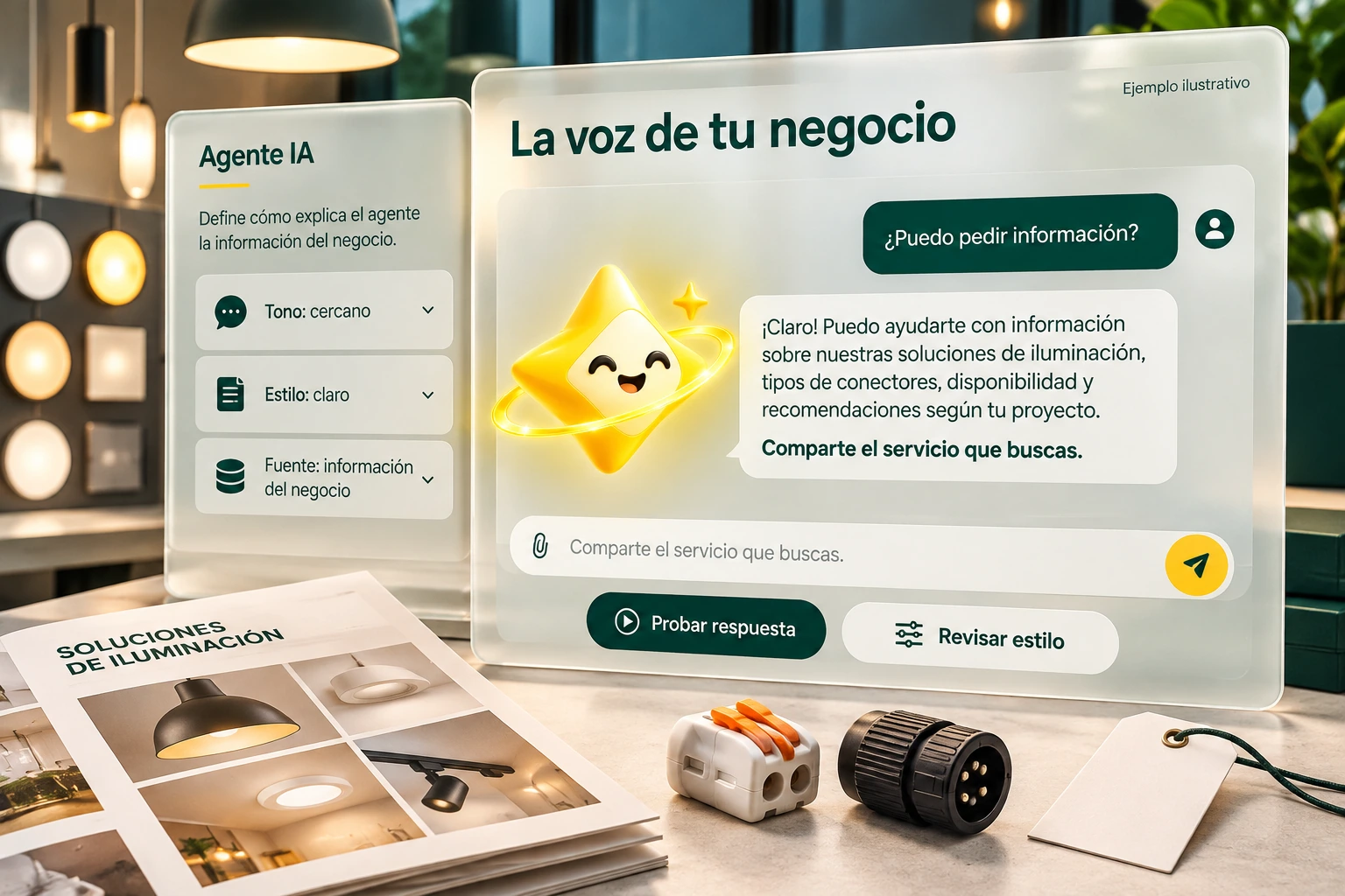 Ilustración conceptual de Agente IA con su estrella oficial: La voz de tu negocio. Define cómo explica el agente la información del negocio.