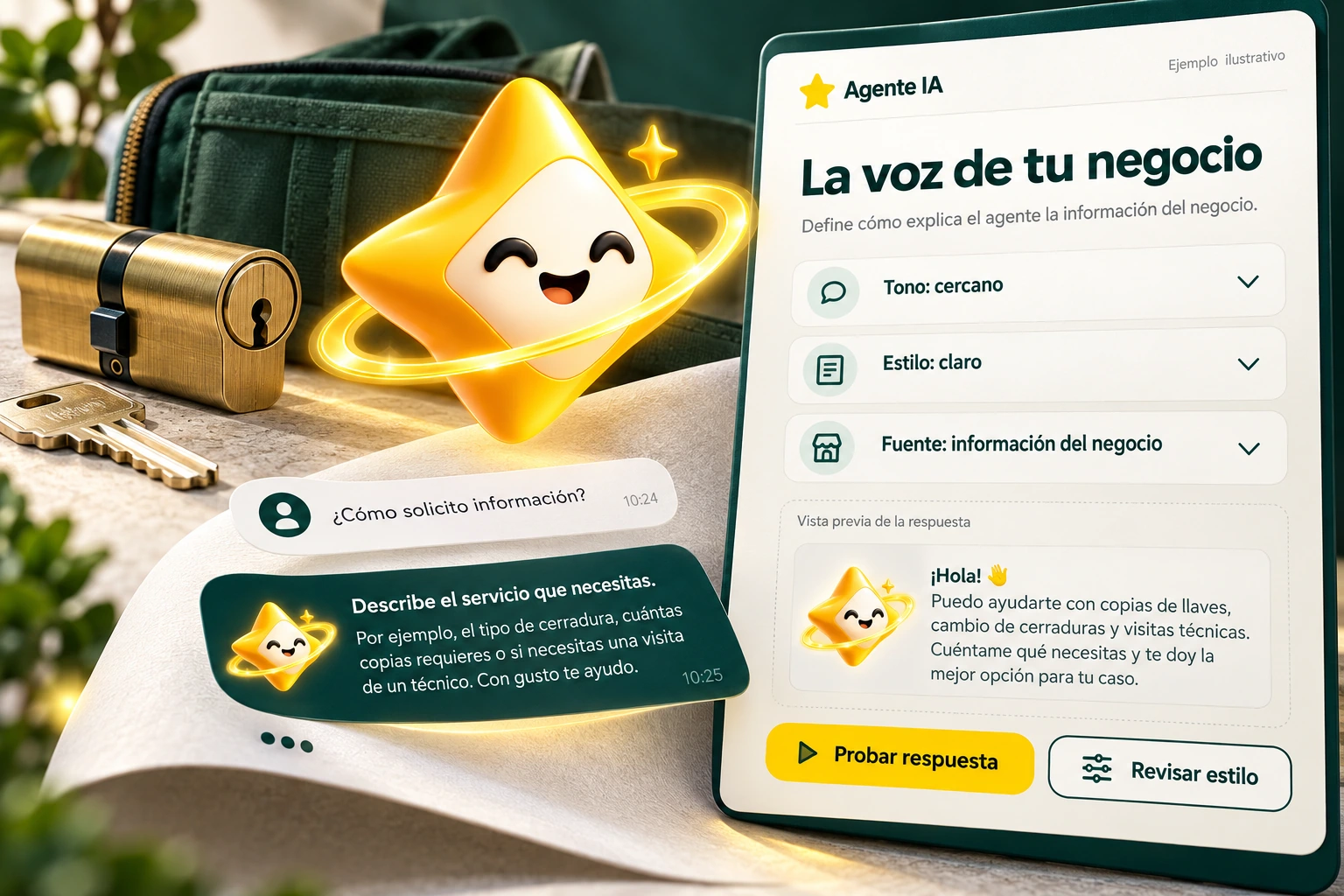 Ilustración conceptual de Agente IA con su estrella oficial: La voz de tu negocio. Define cómo explica el agente la información del negocio.