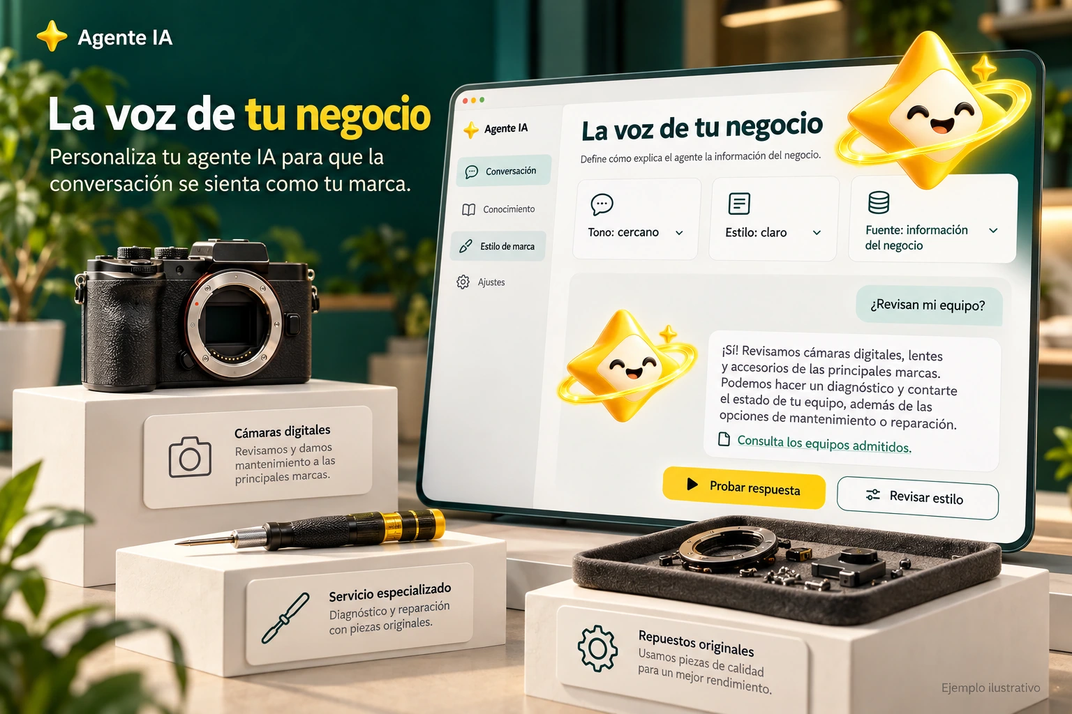 Ilustración conceptual de Agente IA con su estrella oficial: La voz de tu negocio. Define cómo explica el agente la información del negocio.