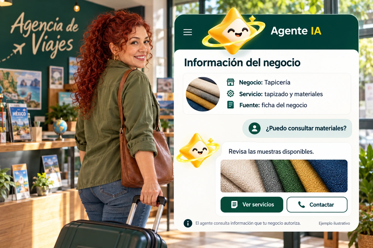 Conceptual illustration of Agente IA with its official star: Business information. The agent consults information that your business authorizes.