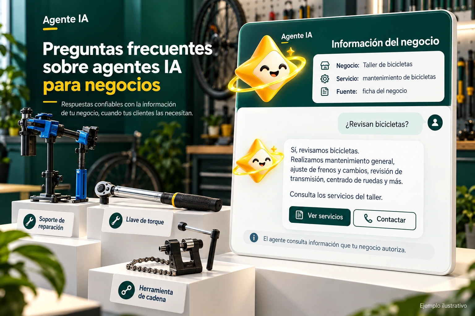 Conceptual illustration of Agente IA with its official star: Business information. The agent consults information that your business authorizes.