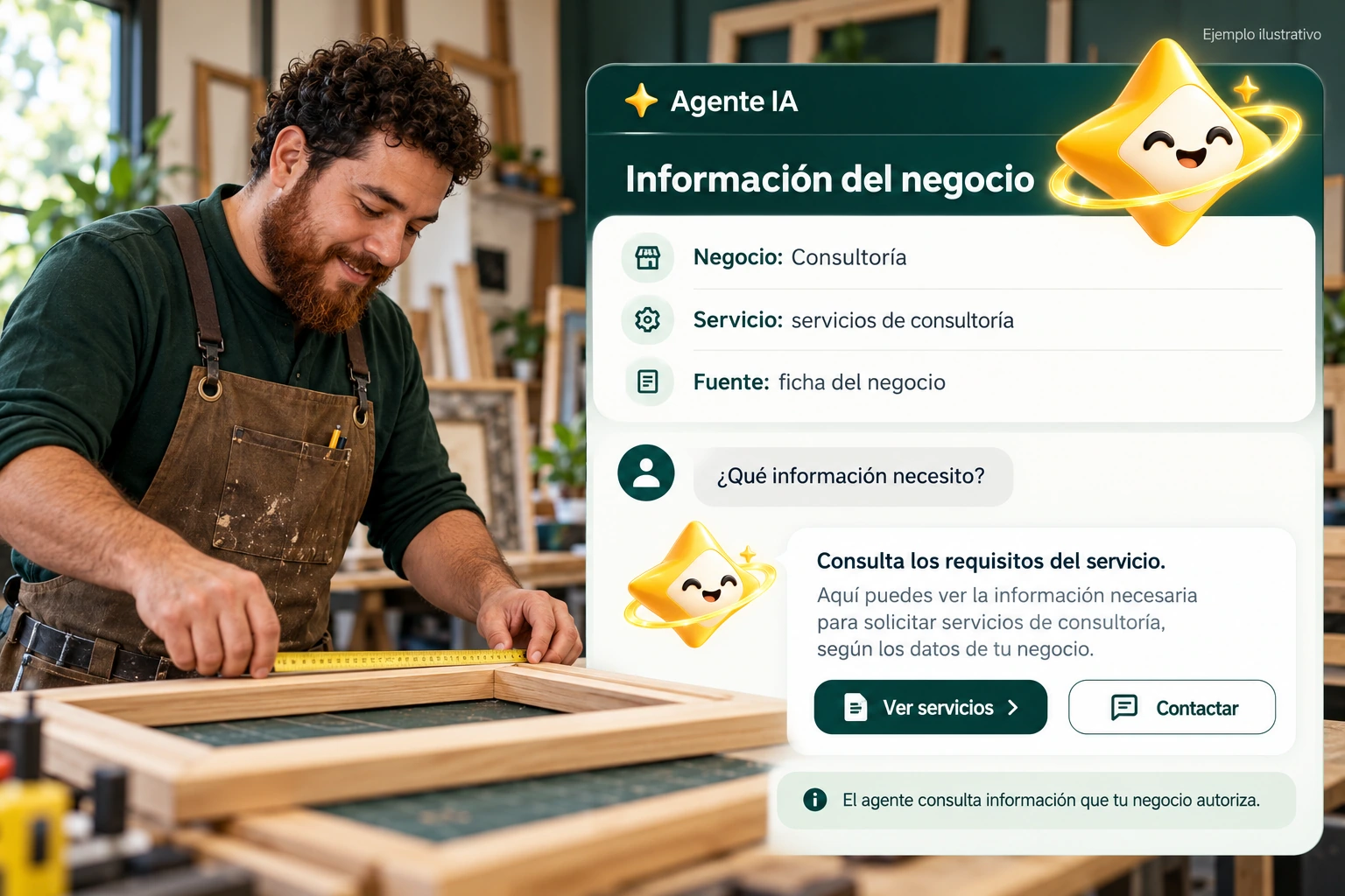 Conceptual illustration of Agente IA with its official star: Business information. The agent consults information that your business authorizes.
