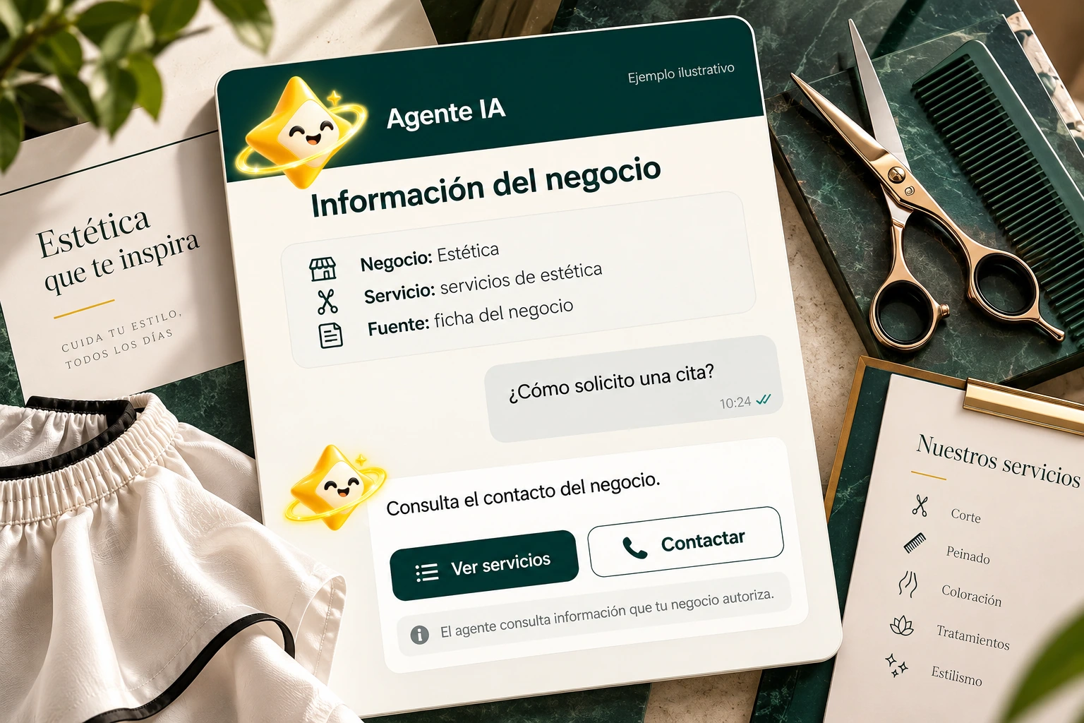 Conceptual illustration of Agente IA with its official star: Business information. The agent consults information that your business authorizes.