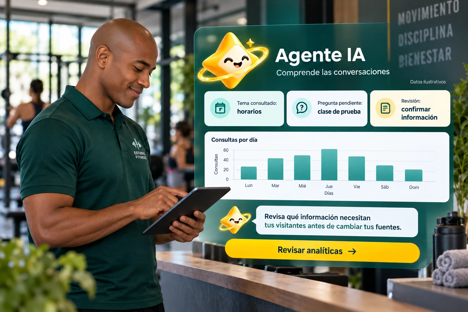 Conceptual illustration by Agente IA: A gym manager reviews talking points and outstanding questions, with fictitious data.