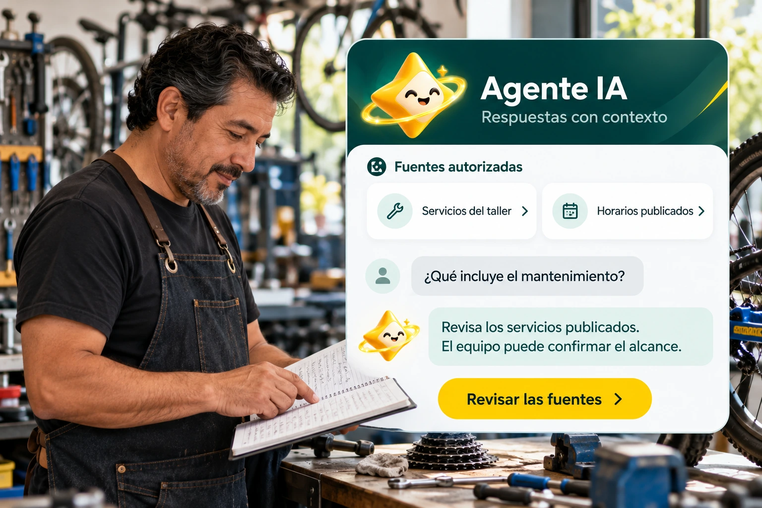 Ilustración conceptual de Agente IA: un taller de bicicletas organiza sus fuentes autorizadas para responder consultas.