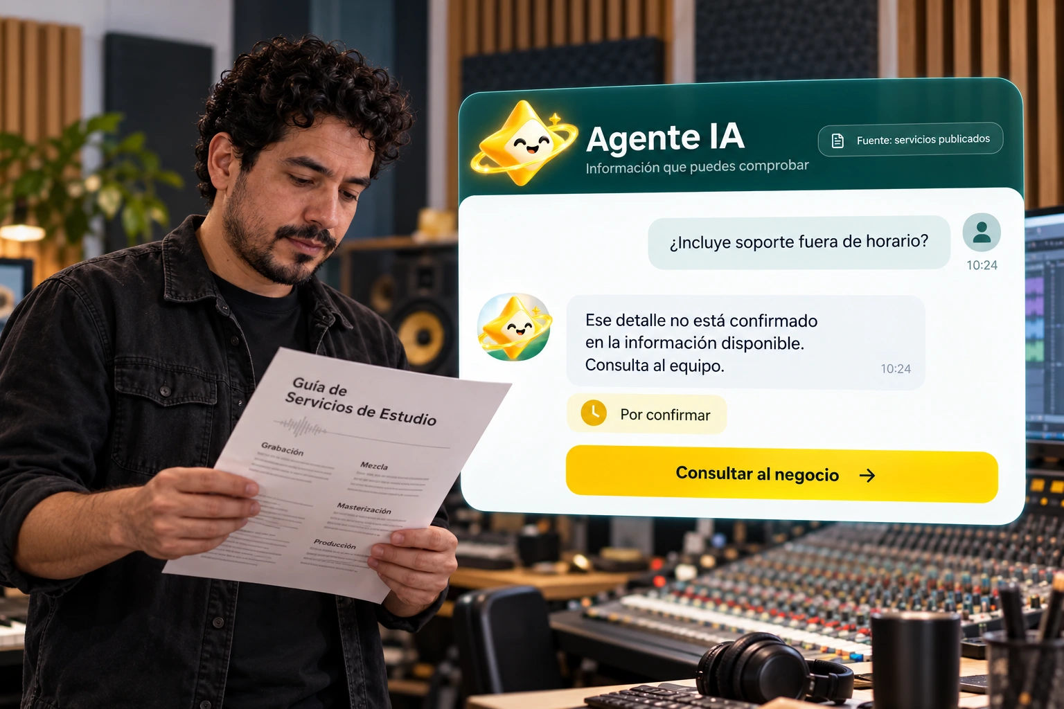 Ilustración conceptual de Agente IA: un estudio de sonido distingue los datos publicados de una condición que necesita confirmación.